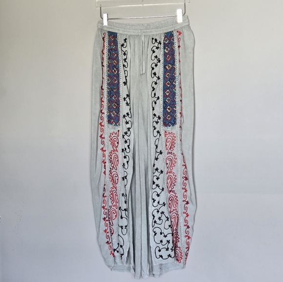 Naisha Bohemian Embroidered Wide-Leg Split-Leg Palazzo Beachy Pants O/S - Picture 1 of 10